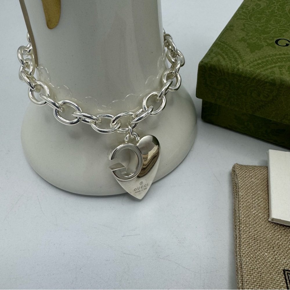 Gucci Sterling Silver GG Logo Heart Charm Bracelet